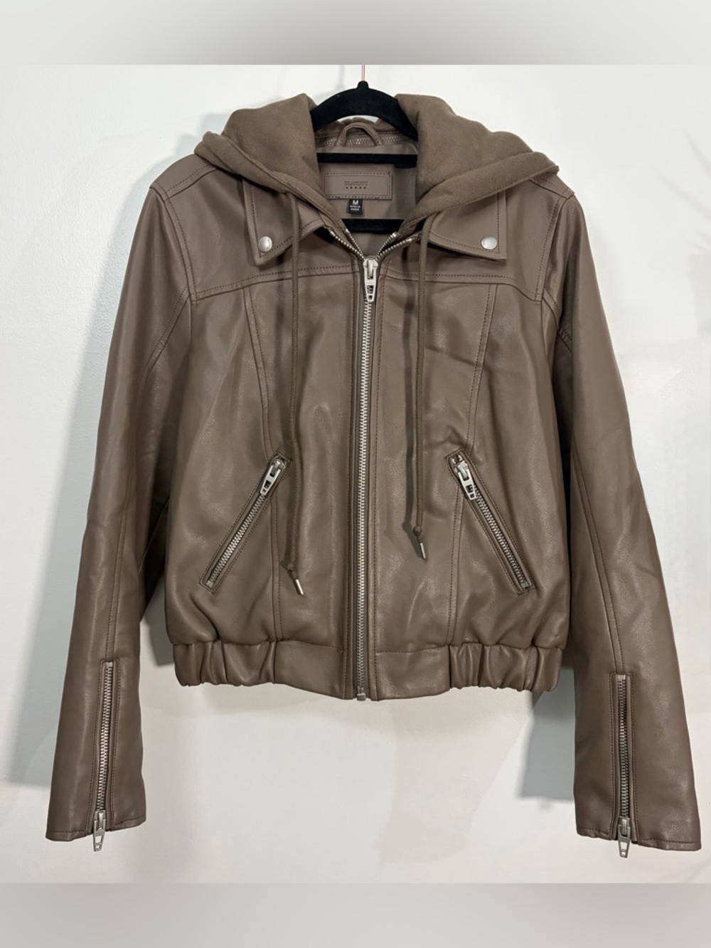 Blank NYC Women's Taupe Brown Hooded Faux Leather Jacket